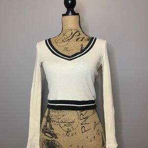 Cream V-Neck Sweater with Black Trim